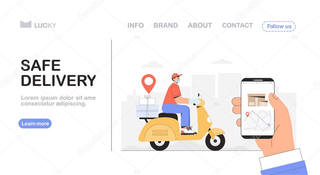 Safe delivery concept, courier wearing protective mask and driving a yellow delivery scooter, hand holding phone with tracking couriers location. Flat style vector illustration for web banner.