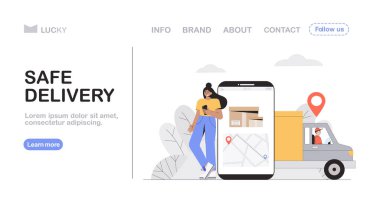 Güvenli teslimat ve kurye hizmeti konsepti, genç bir kadın çevrimiçi dükkanda sipariş veriyor, takip kuryelerinin bulunduğu büyük ekranlı telefon. Web pankartı için düz biçim vektör illüstrasyonu, iniş sayfası.
