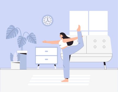 Genç bir kadın rahat bir odada yoga yapıyor modern bir iç mimari ile, online yoga konsepti. Düz biçim vektör illüstrasyonu.