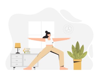 Genç bir kadın, modern iç mimarisi olan rahat bir odada yoga yapıyor. Düz stil vektör çizimi. Spor ve spor, sağlıklı yaşam tarzı..