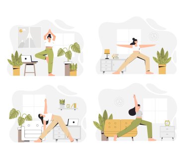 Yoga eğitiminin farklı sahneleri, evde yoga yapan bir kadın. Düz biçim vektör illüstrasyonu.