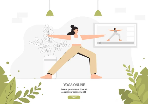 Mujer joven haciendo yoga en una acogedora habitación con un interior moderno, concepto de yoga en línea, fitness en el hogar. Ilustración de vector de estilo plano. Ejercicios en línea transmisión en vivo . — Vector de stock