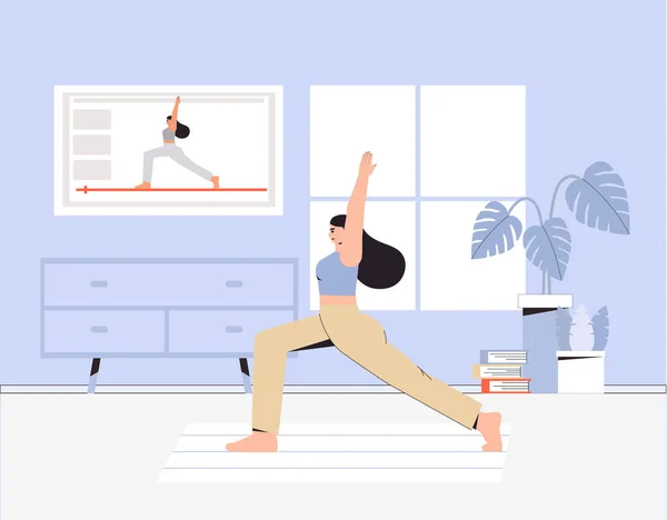 Mujer joven haciendo yoga en una acogedora habitación con un interior moderno, el concepto de yoga en línea. Ilustración de vector de estilo plano. Ejercicios en línea transmisión en vivo . — Vector de stock