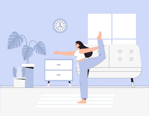 Mujer joven haciendo yoga en una acogedora habitación con un interior moderno, el concepto de yoga en línea. Ilustración de vector de estilo plano . — Vector de stock