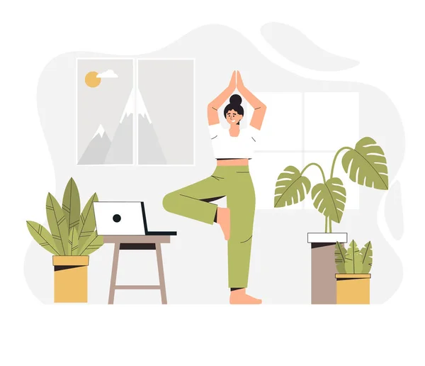 Evde yoga yapan bir kadın. Sağlıklı yaşam tarzı ve sağlık konsepti. Düz biçim vektör illüstrasyonu.