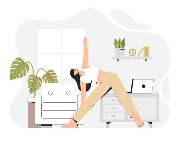 Mujer joven haciendo yoga en una acogedora habitación con un interior moderno, el concepto de estilo de vida saludable, fitness en el hogar . — Archivo Imágenes Vectoriales