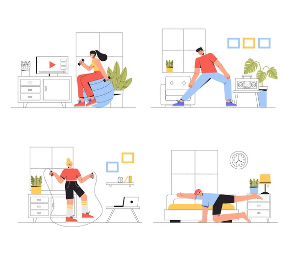 Personas, hombres y mujeres haciendo ejercicio en interiores, ejercicio matutino. Ejercicio deportivo en casa. Ilustración vectorial en estilo plano . — Archivo Imágenes Vectoriales