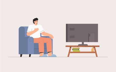 Kanepede oturan adam evde televizyon haberleri izliyor. Şok içeriği, olumsuz haberler. Düz biçim vektör çizimi.