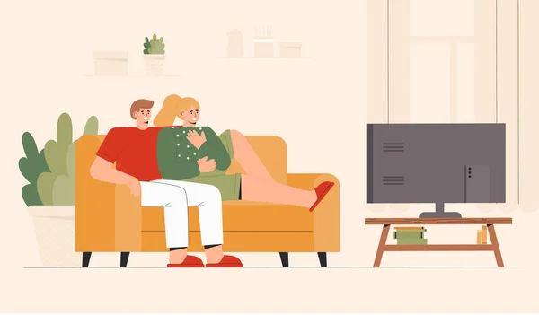 Genç bir çift kanepede oturup rahat bir odada televizyon seyrediyor. Şok içeriği, olumsuz haberler. Düz biçim vektör çizimi. — Stok Vektör
