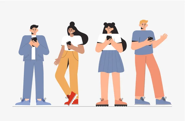 Ayakta duran ve telefon kullanan bir grup genç kadın ve erkek. Çevrimiçi iletişim, sohbet, sosyal ağlar, internetten haberleri izleme kavramı. Düz biçim vektör illüstrasyonu.