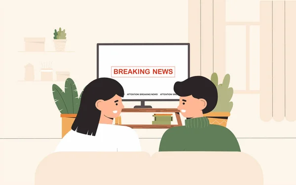 Genç bir çift kanepede oturup rahat bir odada televizyon seyrediyor. Şok içeriği, olumsuz haberler. Düz biçim vektör çizimi.