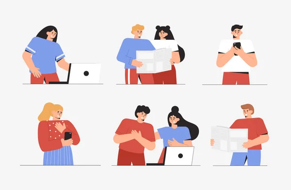 Conjunto de cenas diferentes - um homem e uma mulher lêem notícias de um jornal ou lêem notícias na Internet em um laptop ou telefone. Ilustração vetorial de estilo plano . —  Vetores de Stock