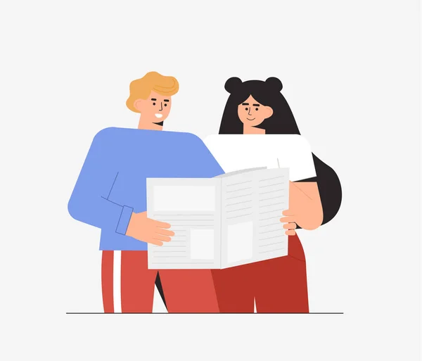 Pareja joven hombre y mujer leen malas noticias en el periódico. Ilustración de vector de estilo plano . — Archivo Imágenes Vectoriales