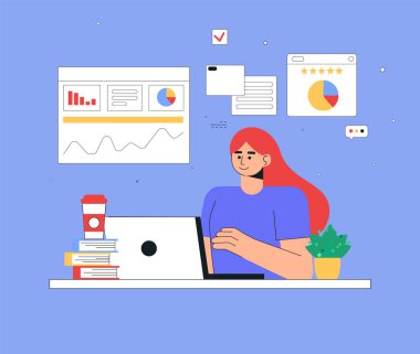 Evde dizüstü bilgisayarla çalışan bir kadın. İç işleri konsepti, çevrimiçi eğitim veya sosyal medya konsepti. Düz biçim vektör illüstrasyonu.