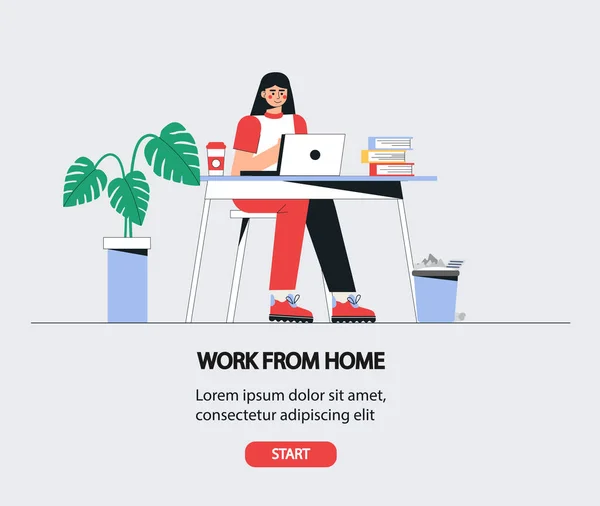 A menina está sentada em uma mesa com um laptop. Uma mulher a trabalhar em casa. Home office concept, ilustração vetorial de estilo plano. Freelance, educação on-line ou conceito de mídia social . — Vetor de Stock