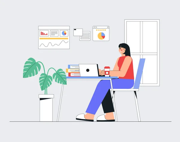 Freelance, online uddannelse eller sociale medier koncept. Hjemmekontor koncept, kvinde, der arbejder, sidder med laptop hjemmefra. Flad stil vektor illustration. – Stock-vektor