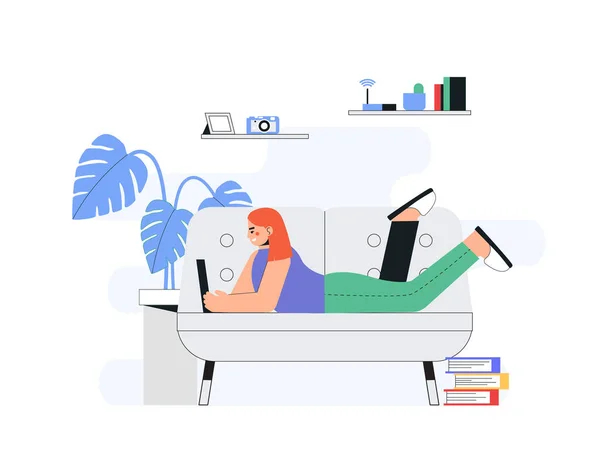 Domácí práce koncepce kanceláře, žena práce z domova ležící na pohovce, student, na volné noze. Plochý vektorový koncept ilustrace. — Stockový vektor