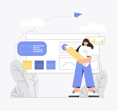 Çevrimiçi öğrenme, kurslar, uzaktan eğitim kavramı. Gülümseyen mutlu bir kadın elinde kocaman bir kalem tutuyor ve sunumu, tabloyu, bilgileri, notları açıklıyor. Vektör illüstrasyonu.