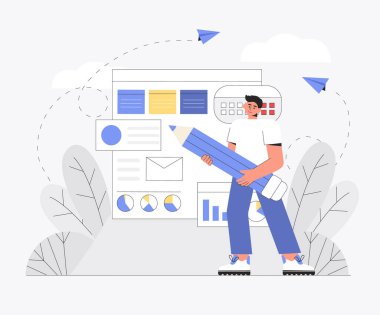 UI UX tasarım konsepti bir uygulama oluşturma. Tasarım ve geliştirme iş vektörü kavramı. Gülümseyen mutlu genç erkek karakter büyük bir kalem tutuyor ve projeyi sunuyor, tablo, bilgi grafikleri.