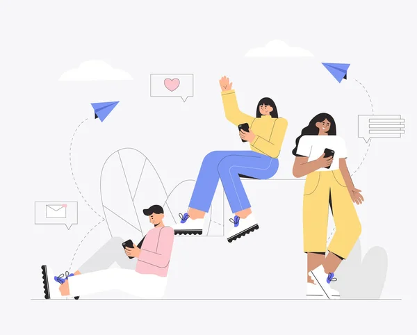 Bir grup insan sosyal medyada sohbet etmek için cep telefonu kullanıyor. Bir grup arkadaş sosyal ağlarda birbirleriyle yazışıyor. Reklam, afiş, uygulama ve el ilanları için modern vektör illüstrasyonu.