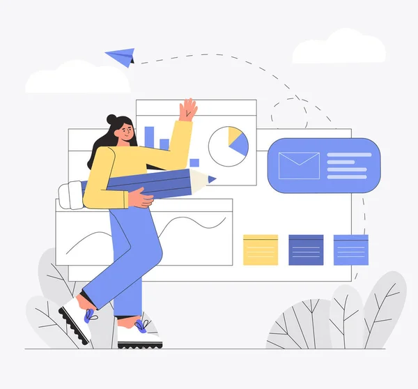 UI UX tasarım konsepti bir uygulama oluşturma. Web sitesi şablonu ve programlama oluşturma süreci. Mutlu, genç, gülümseyen kadın karakter büyük bir kalem tutuyor ve projeyi sunuyor..