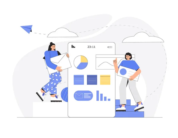 UI UX tasarım konsepti bir uygulama oluşturma. Mutlu, genç, gülümseyen bir kadın elinde bir mektup olan bir zarf tutuyor ve elinde büyük bir kalem tutan bir kadın karakter. Düz biçim vektör illüstrasyonu.