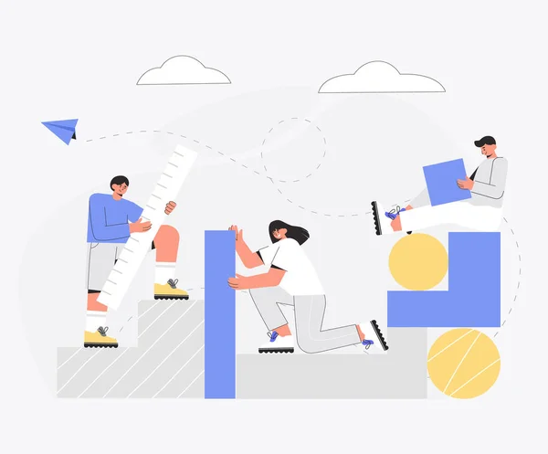 Het bedrijfsconcept van teambuilding en teamwork. Een groep mensen maakt een opstartproject van abstracte vormen, een constructeur. Vlakke vector illustratie in moderne stijl. — Stockvector