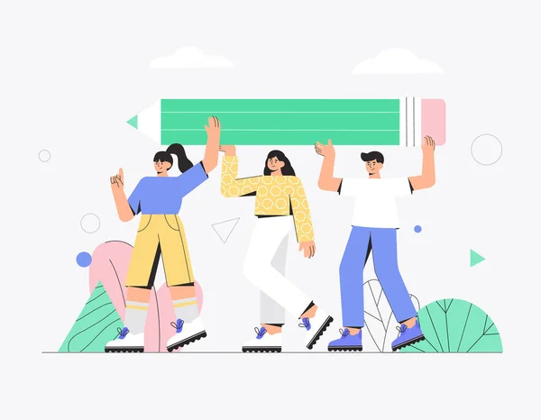 The concept of team work, business, partnership, cooperation. Team work in project, several people, man and woman holding large pencil. Vector illustration in a modern flat style. — Stock Vector