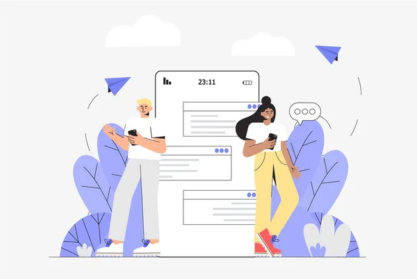Koncepcja sieci społecznościowych i komunikacji online. Młoda kobieta i mężczyzna stojący przy ekranie telefonu i czatujący online. Wektor ilustracja w nowoczesnym płaskim stylu. — Wektor stockowy