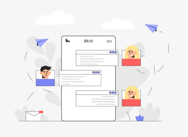 O conceito de redes sociais e comunicação online. Pessoas conversando em quadros de aplicativos de mensagens na tela do telefone. Diálogo de duas pessoas, mensagem de texto. Ilustração vetorial de estilo plano . —  Vetores de Stock