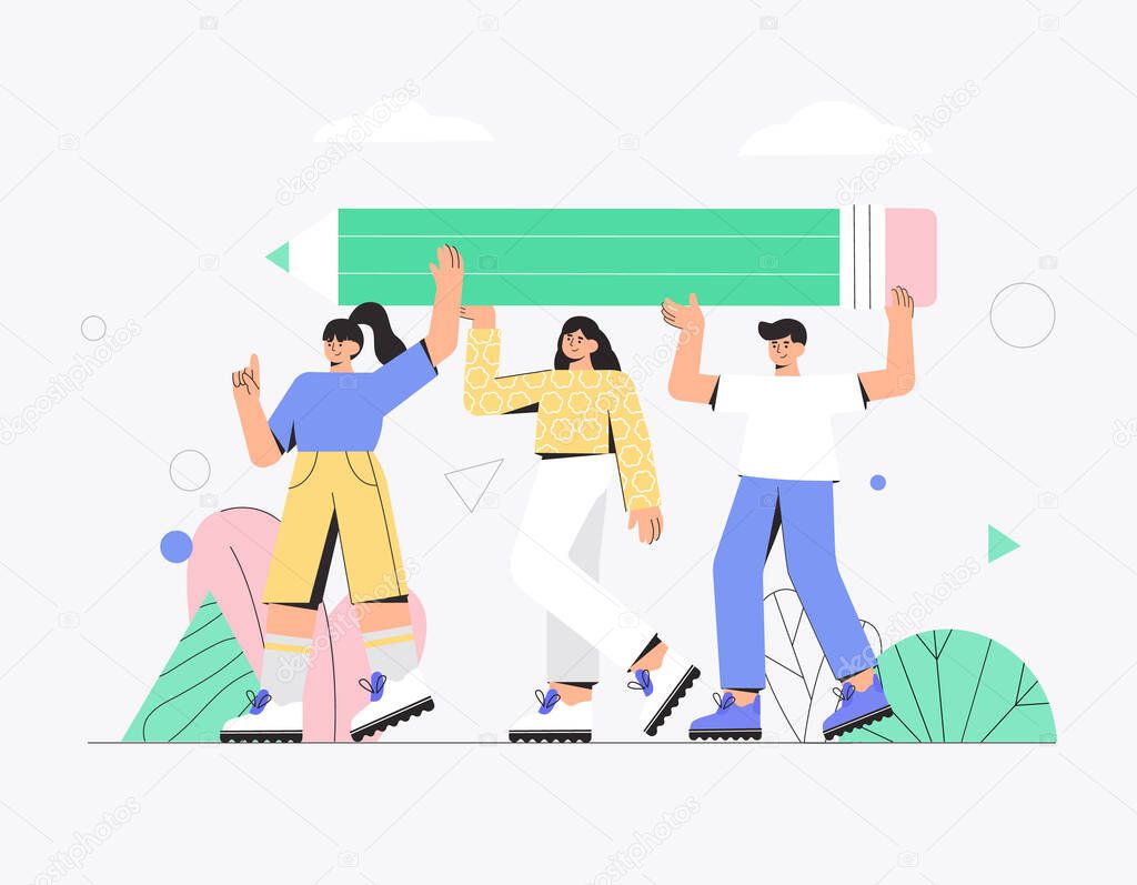 The concept of team work, business, partnership, cooperation. Team work in project, several people, man and woman holding large pencil. Vector illustration in a modern flat style.
