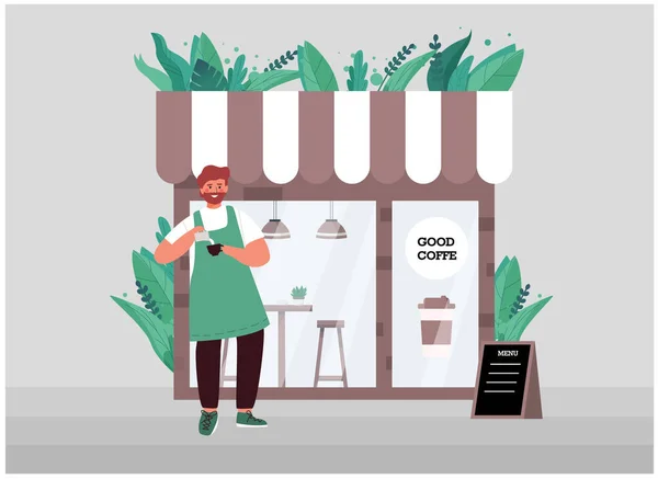 Jeune barista barbu dans un tablier, le propriétaire d'un petit café d'affaires fait du café près de la fenêtre du café en design écologique, à côté du bureau de menu et des plantes. Illustration vectorielle d'entreprise. — Image vectorielle