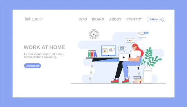 Szabadúszó, online oktatás vagy közösségi média koncepció. Otthoni iroda, nő, aki otthonról dolgozik a laptopján. Lapos stílusú vektor illusztráció kezdőlap, szórólap. — Stock Vector