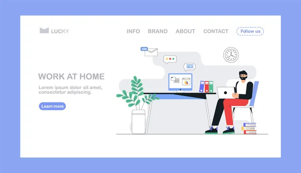 Ilustração do conceito de vetor plano. Homem freelancer trabalhar em casa em laptop. Conceito de home office para landing page, folheto . — Vetor de Stock