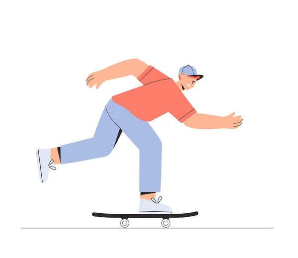 年轻快乐的男孩滑板运动员骑在滑板上 白色背景上的平面矢量插图 — 图库矢量图片