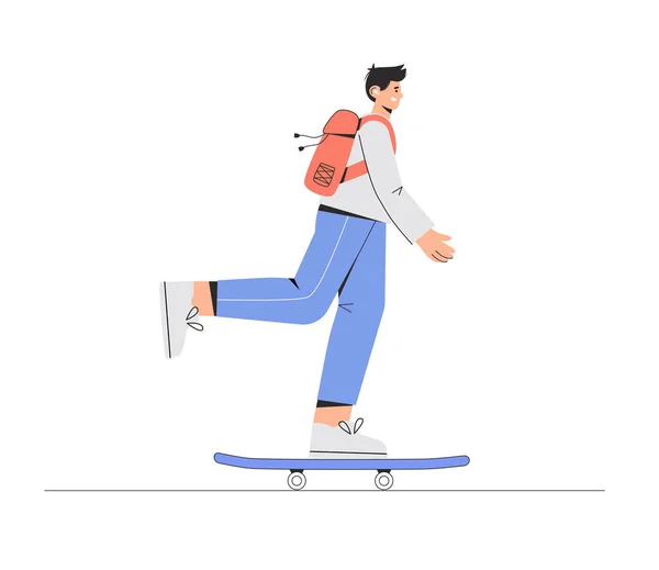 Joven feliz niño sonriente skateboarder está montando en un monopatín y la lista de música. Ilustración vectorial en estilo plano sobre fondo blanco . — Vector de stock
