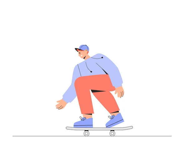 Joven feliz niño sonriente skateboarder es montar en un monopatín. Ilustración vectorial en estilo plano sobre fondo blanco . — Vector de stock