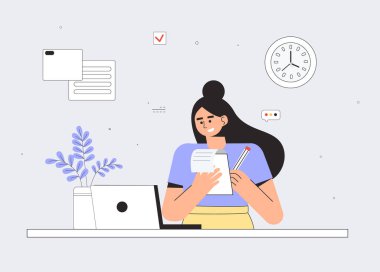 Dizüstü bilgisayar kullanan ve not defterine ders yazan bir kadın. Eðitim çevrimiçi eðitim kurslarý, öz eðitim, e-öðrenme, uzaklýk çalýþma, webinar, koçluk konsepti.