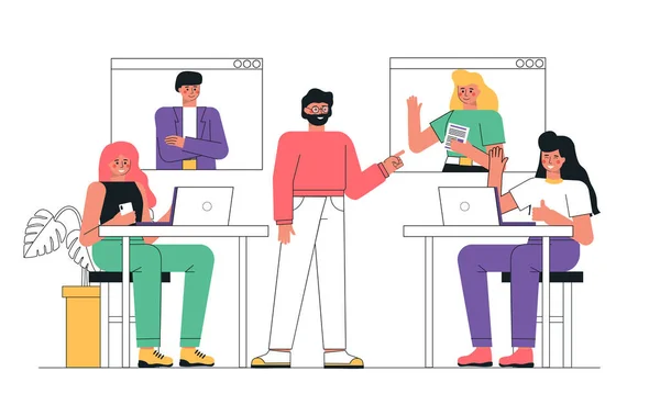 Ofiste insanlarla çevrimiçi video konferansı yapılan bir iş toplantısının temsilcisi. İnsanlar görüntülü konuşma ve mesajlaşma, danışma, seminer, online eğitim.