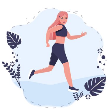 Spor kıyafetli güzel kız koşuyor, koşuyor, spor yürüyüşü yapıyor..