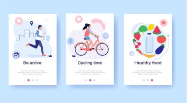 Sağlıklı yaşam tarzı illüstrasyon seti, web afişleri, iniş sayfaları, sunumlar, posterler, reklamlar için önlem.