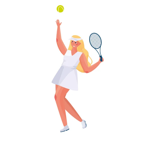 スポーツの制服で長い髪のかわいい女の子は ラケットとテニスボールの手の中に白い背景にテニスをプレイ — ストックベクタ