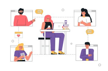 Modern iletişim modası illüstrasyon video konsepti. Genç adam ve kadınlar bilgisayarlarında ya da akıllı telefonlarında konuşan internet uygulamaları kullanıyor ve mesajlaşıyorlar. Düz çizgi film biçimi.