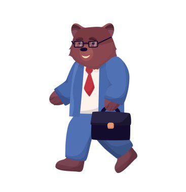Kahverengi ayı karakteri işe mavi takım elbise, gözlük ve elinde bir çantayla gider. V