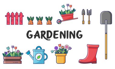 Bahçe aletleri ile bahar ikonları seti - kürek, havuç, çit, bot, hasat, çiçekler, sulama kutusu. Yaz bahçıvanlığı. Beyaz arkaplanda çizgi film biçimi vektör düz illüstrasyon.