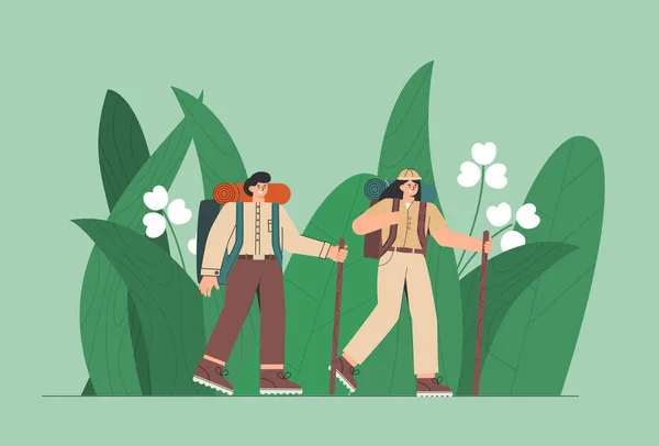 丛林里的旅行者人 男人和女人都喜欢大绿叶 探险的概念 — 图库矢量图片