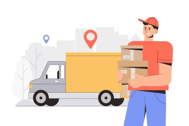 Hızlı ve ücretsiz nakliye. Konsept, teslimatçı adam, arka planda kamyon. Düz biçim vektör illüstrasyonu.