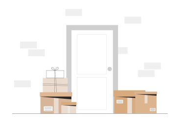 Teslimat servisi, hızlı ve ücretsiz nakliye. Kurye teslimat kutusunu evin kapısına bırakmış. Düz biçim vektör illüstrasyonu.