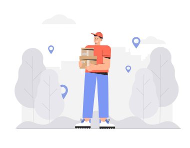 Teslimatçı, kurye sipariş kutusu. Düz stil vektör çizimi. Teslimat hizmeti, hızlı ve ücretsiz nakliye konsepti.