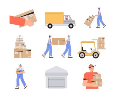 Depo teslimatı iş illüstrasyonu. Depo çalışanları kutuları boşaltıyor. Düz biçim vektör illüstrasyonu.